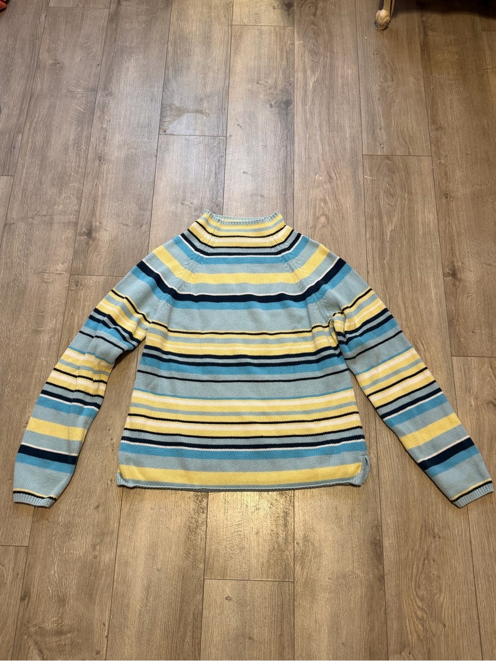 JEANNE PIERRE Striped Turtleneck Sweater in Light Blue, Yellow, Navy and Cream.